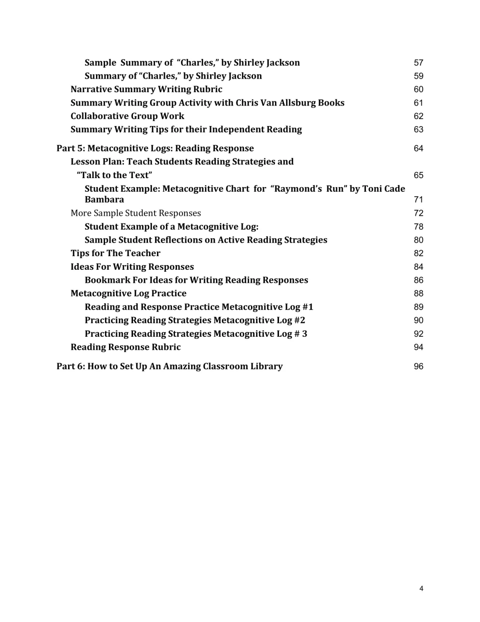 Second contents page lists summary activities, metacognitive logs, response rubrics, and library setup