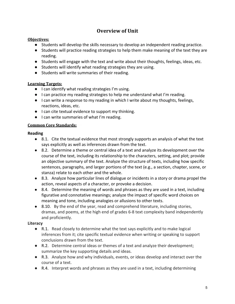 Unit overview introduces independent reading objectives, learning targets, and reading standards