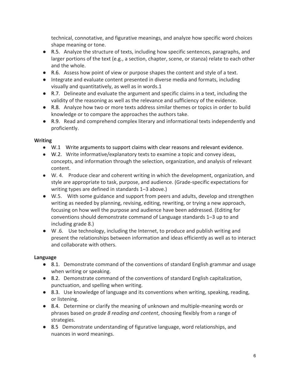 Unit overview continues with literacy, writing, and language standards for analysis and written work