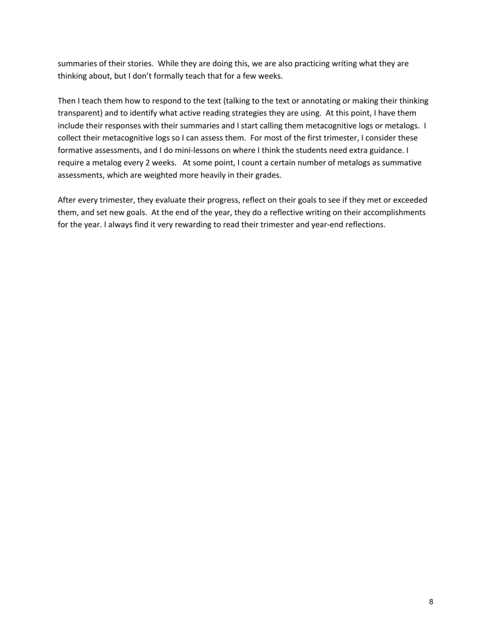 Introduction continues with summaries, metacognitive logs, assessment, and trimester goal reflections