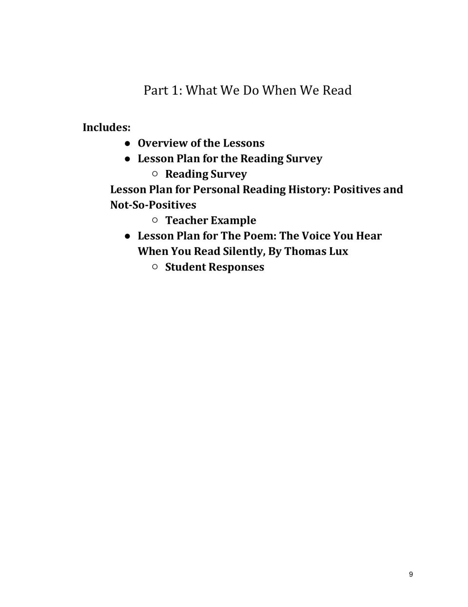 Part 1 opener lists reading survey and personal reading history lessons plus a Thomas Lux poem lesson