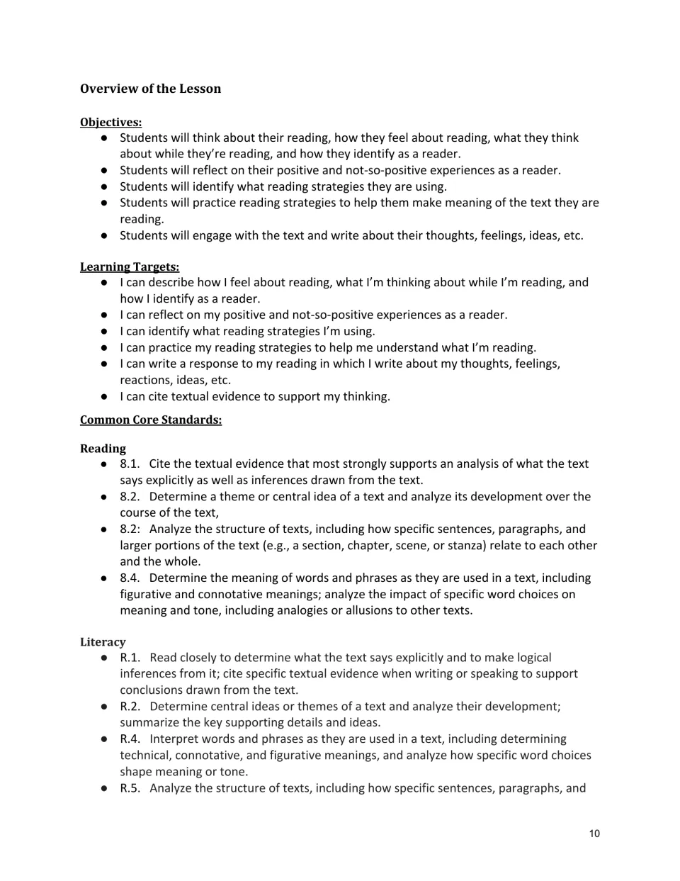Part 1 lesson overview sets objectives and targets for reading identity, strategies, and text responses