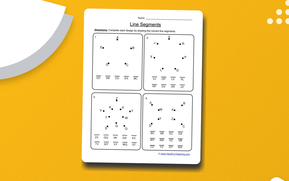 Creating Line Segments Worksheet preview: Four labeled geometric designs to complete