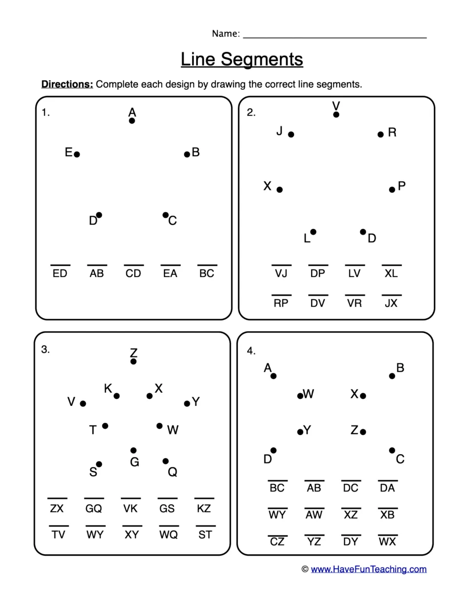 Line segments: students draw named segments such as ED, AB and CD between labelled points to complete 4 point designs