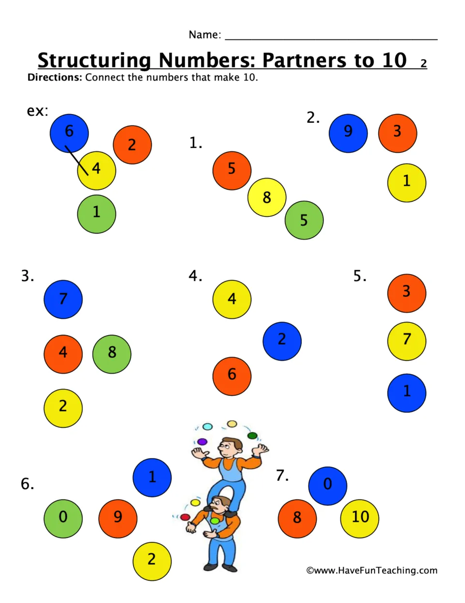 Partners to 10: students draw a line joining the two numbered circles that add to 10 in each of 7 sets, after a 6 + 4 example