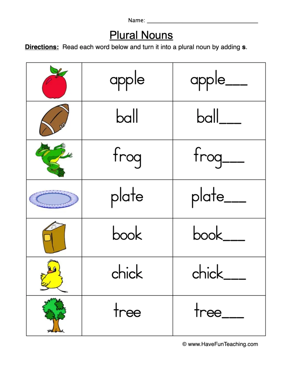 Plural nouns: students add s to seven pictured words (apple, ball, frog, plate, book, chick, tree) to write each plural