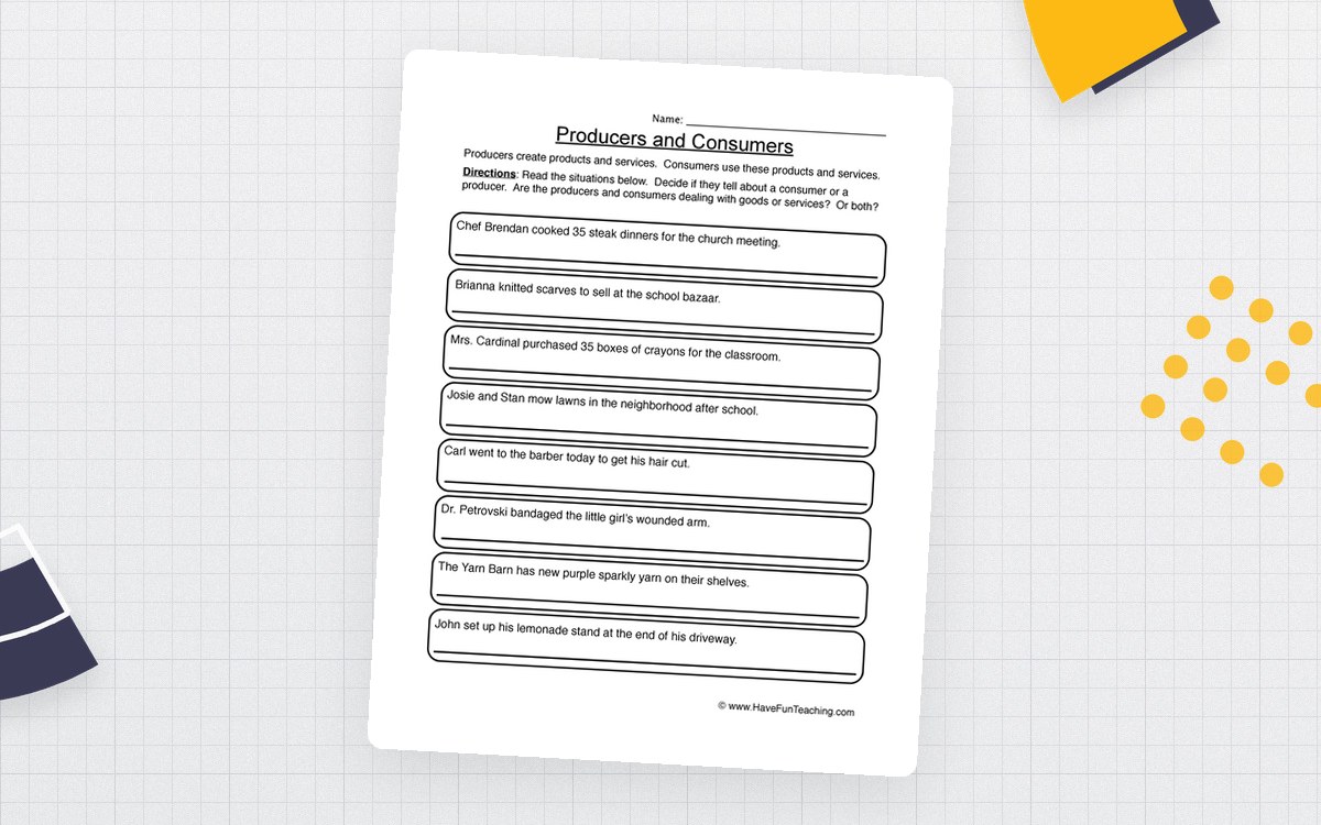 Producers and Consumers worksheet with eight everyday scenarios to label as producer or consumer.
