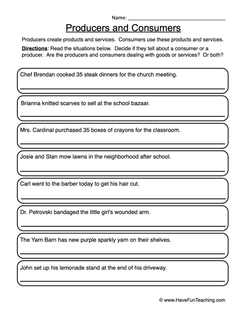 Producers and consumers: students read 8 situations and label each a producer or consumer using goods, services or both