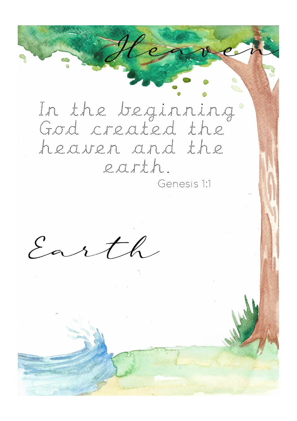 Pre-cursive tracing option for the creation journal, featuring Genesis 1:1 and 'Heaven' and 'Earth' headings