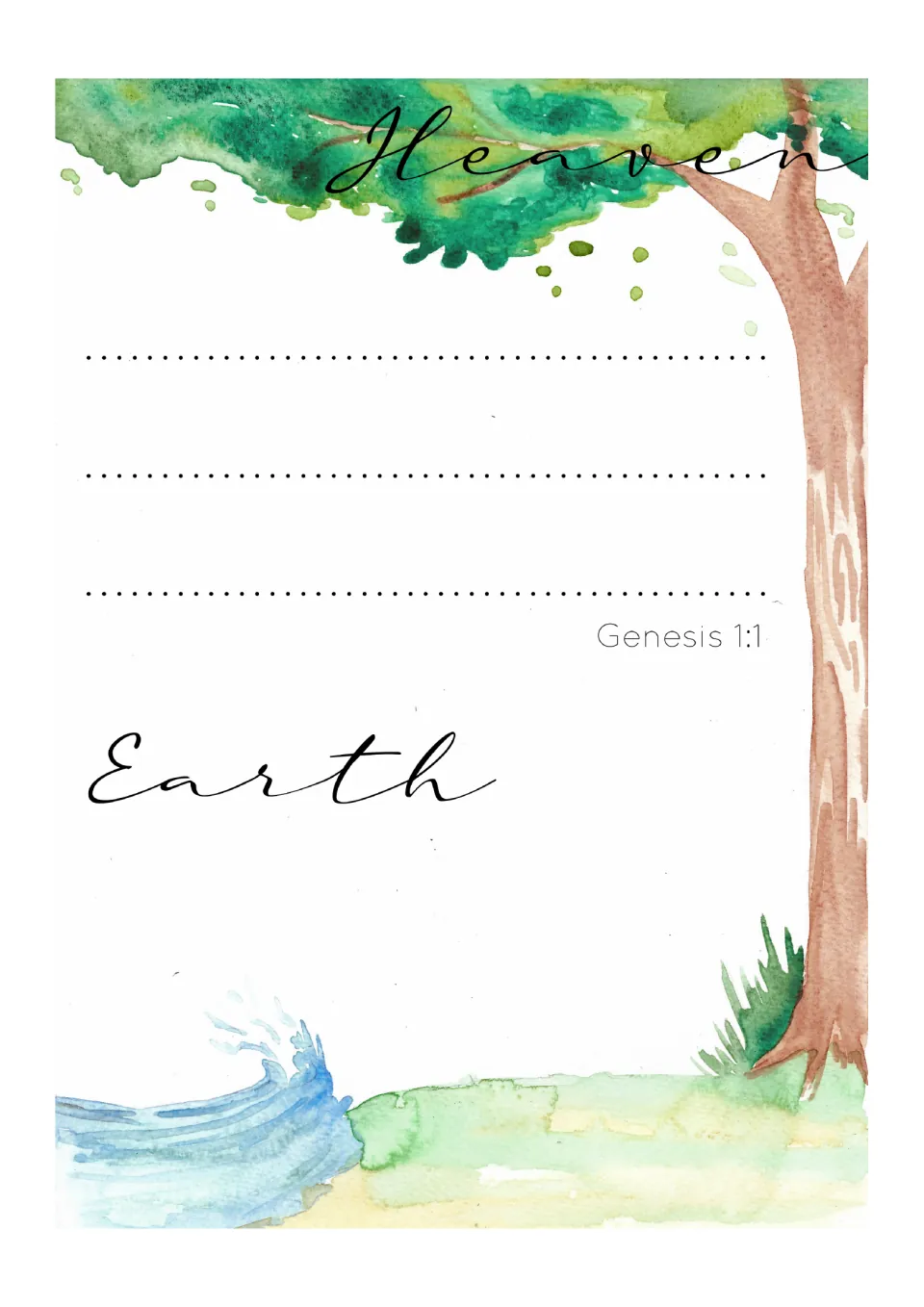Independent writing option for the creation journal, labeled Genesis 1:1 with 'Heaven' and 'Earth' headings
