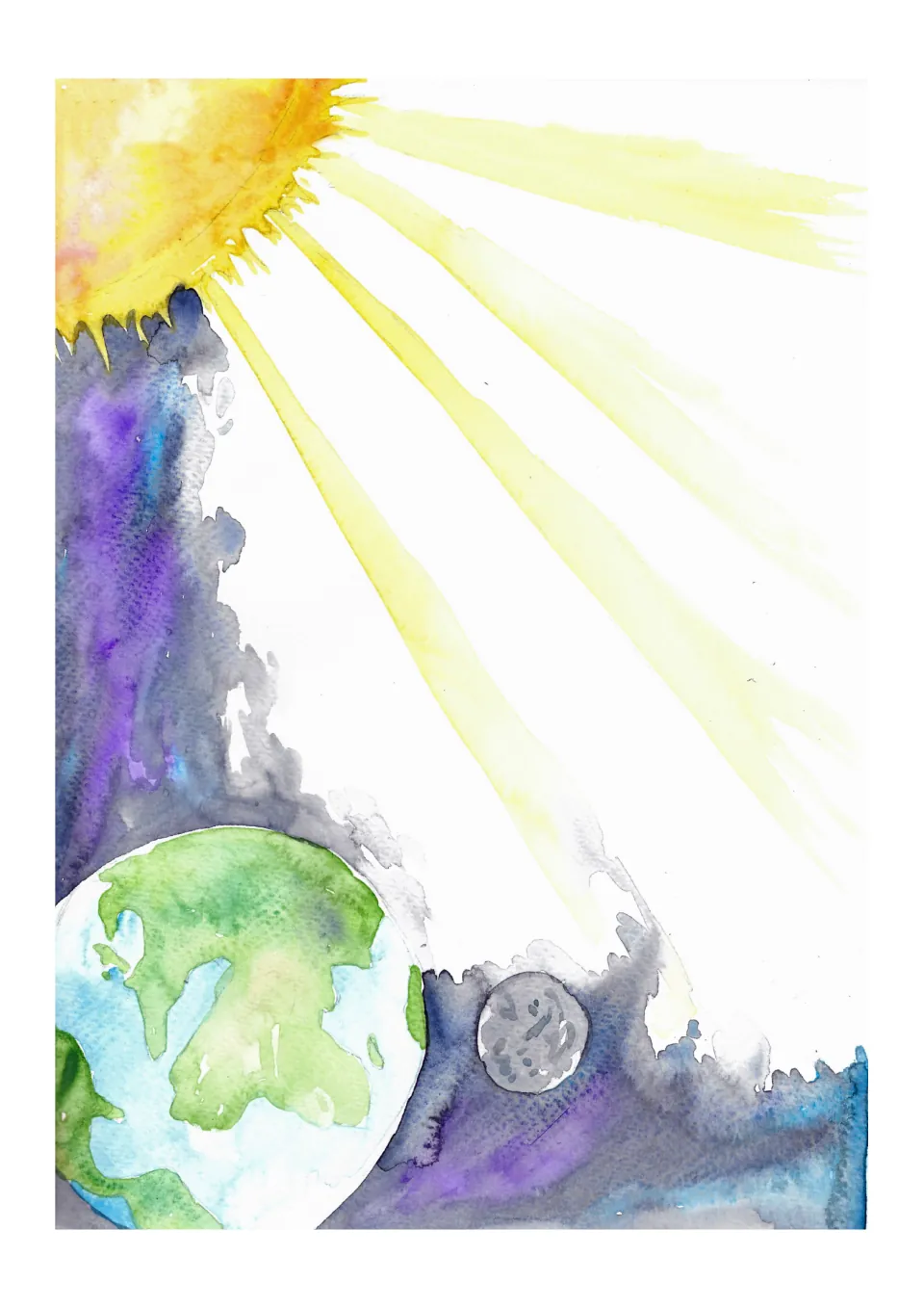 Text-free creation journal page for narration or drawing, illustrated with sunlight, Earth, and the moon