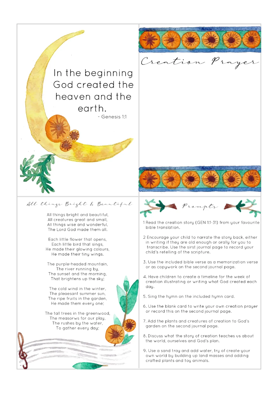 Four creation journaling cards: Genesis 1:1, Creation Prayer, All Things Bright & Beautiful, and nine prompts