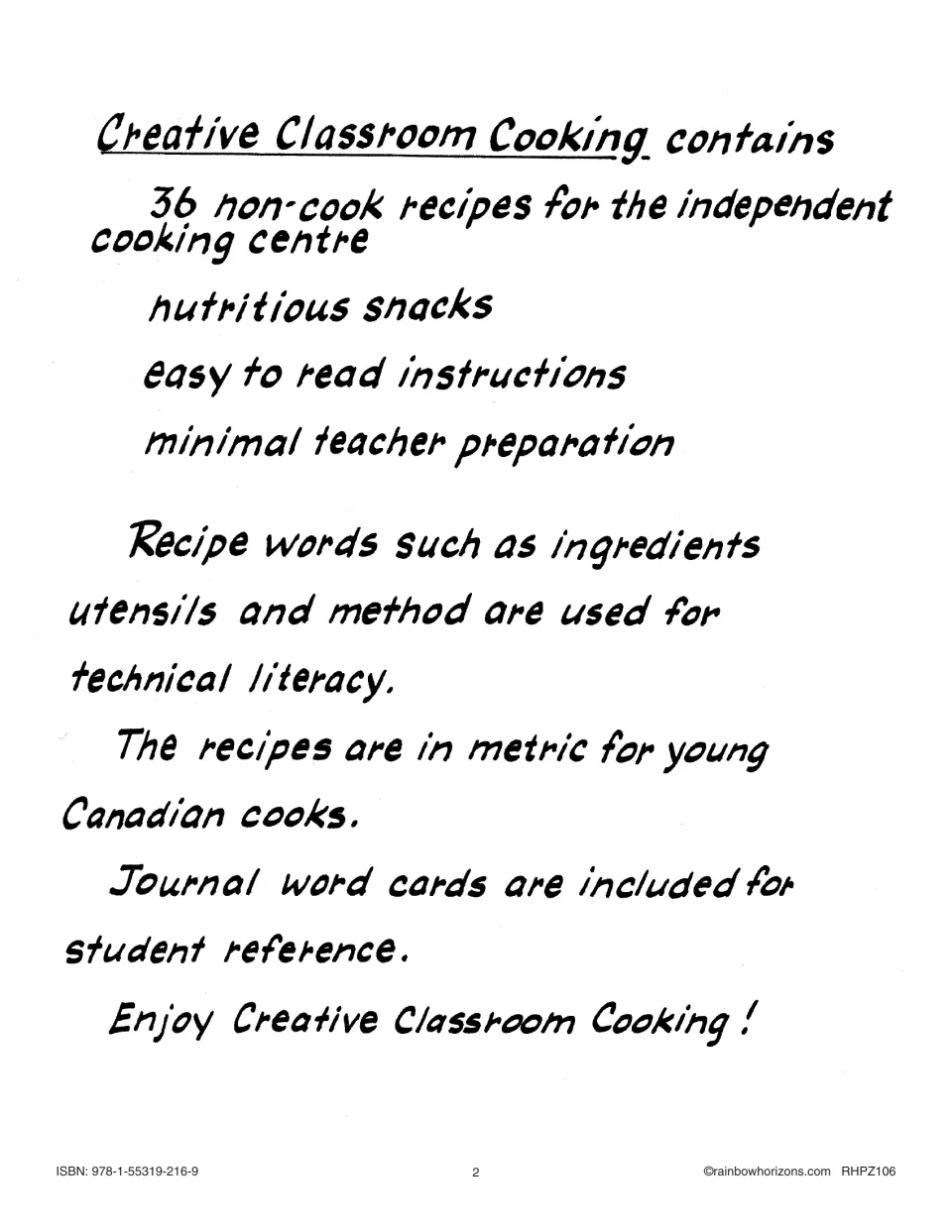Book overview: 36 non-cook recipes for an independent cooking center, metric measures and journal word cards