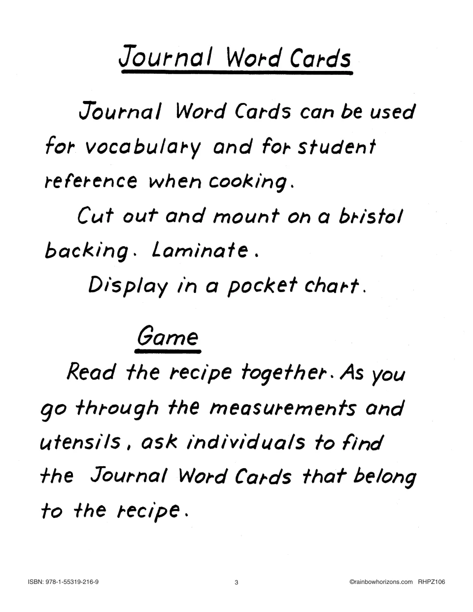 Directions for the Journal Word Cards: cut out, laminate, show in a pocket chart, plus a recipe word-finding game