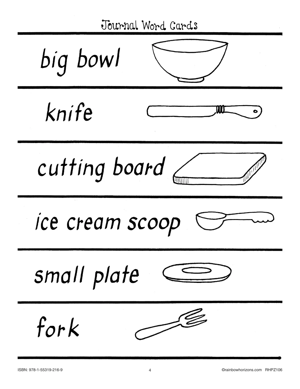 Journal word cards: big bowl, knife, cutting board, ice cream scoop, small plate and fork, each with a drawing