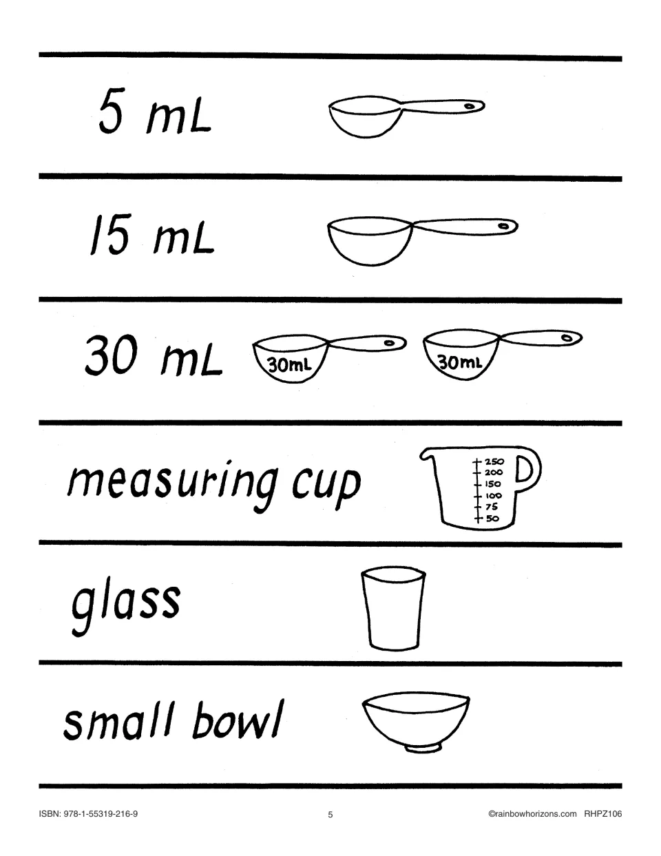 Journal word cards for 5 mL, 15 mL and 30 mL spoons, measuring cup, glass and small bowl, with drawings