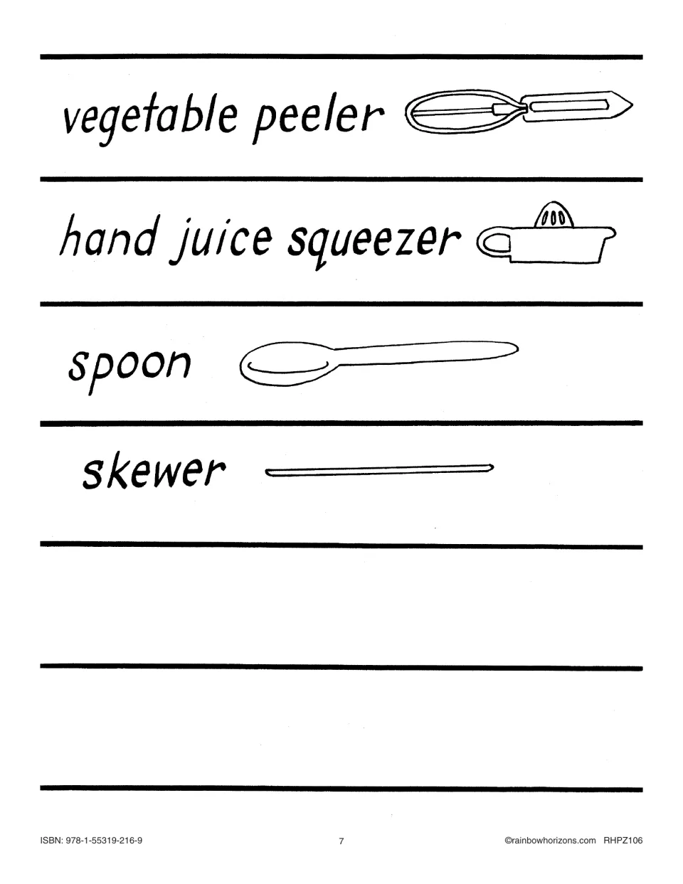 Last journal word cards: vegetable peeler, hand juice squeezer, spoon and skewer, with two blank cards