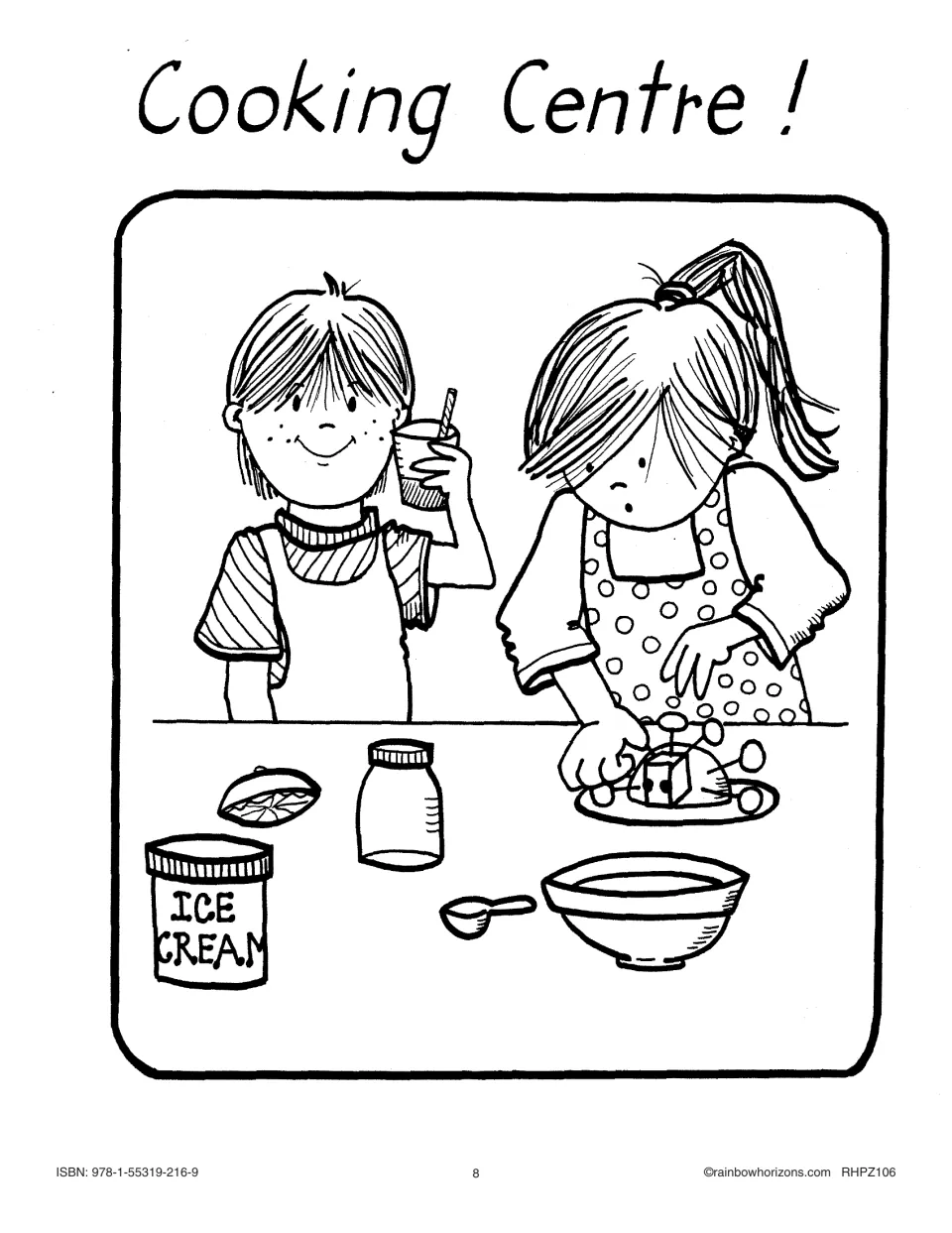 Cooking Center illustration: two children in aprons at a counter with ice cream, a jar, a scoop and a mixing bowl