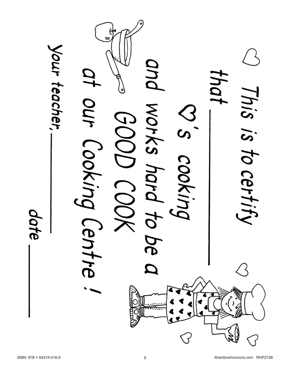 Good Cook certificate for the Cooking Center, with blanks for student name, teacher signature and date