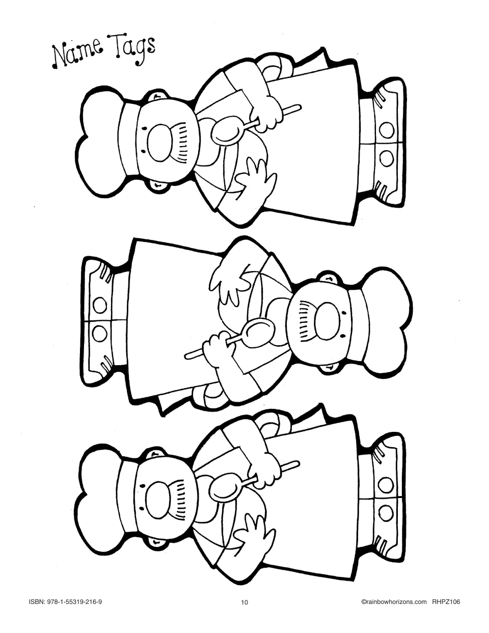 Three cut-out chef name tags for the cooking center, each a chef holding a spoon