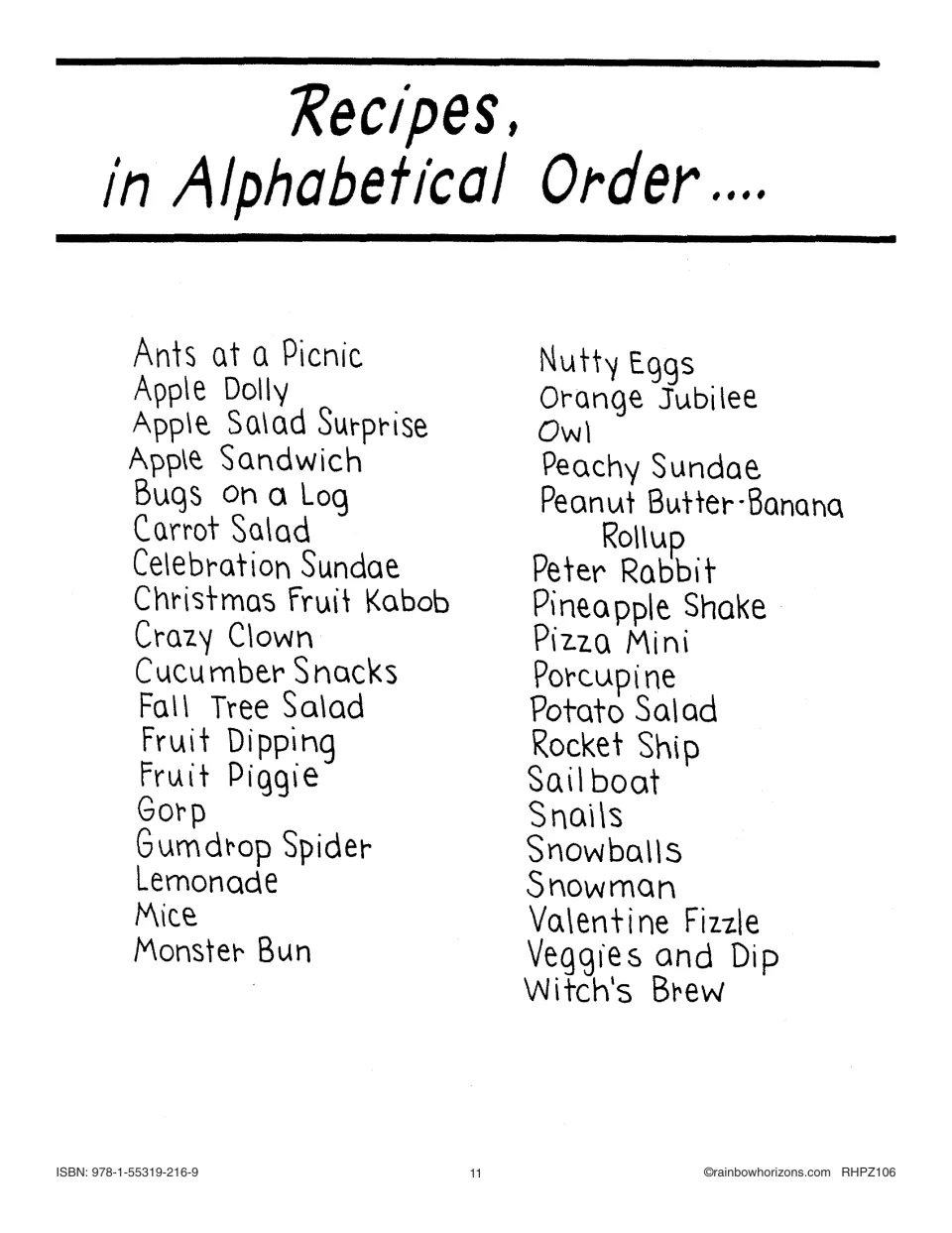Alphabetical list of the 36 recipes: Ants at a Picnic, Bugs on a Log, Gorp, Witch's Brew and 32 more