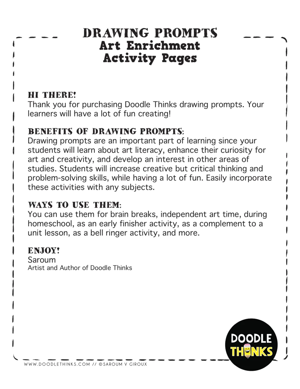 Drawing Prompts teacher note from Doodle Thinks: a thank-you plus ideas like brain breaks, bell ringers and early finishers