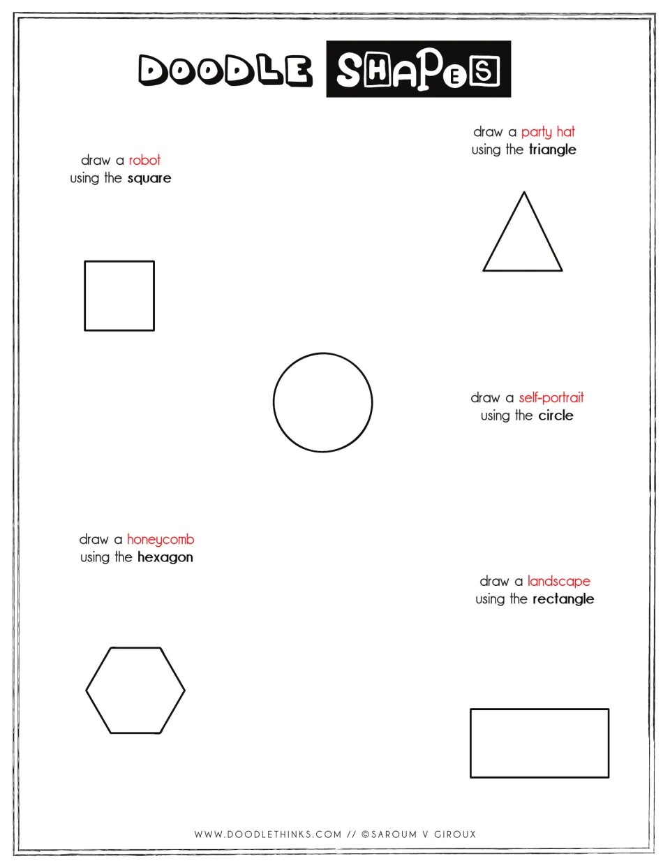 Doodle Shapes: students turn a square into a robot, triangle into a party hat, circle into a self-portrait, plus 2 more