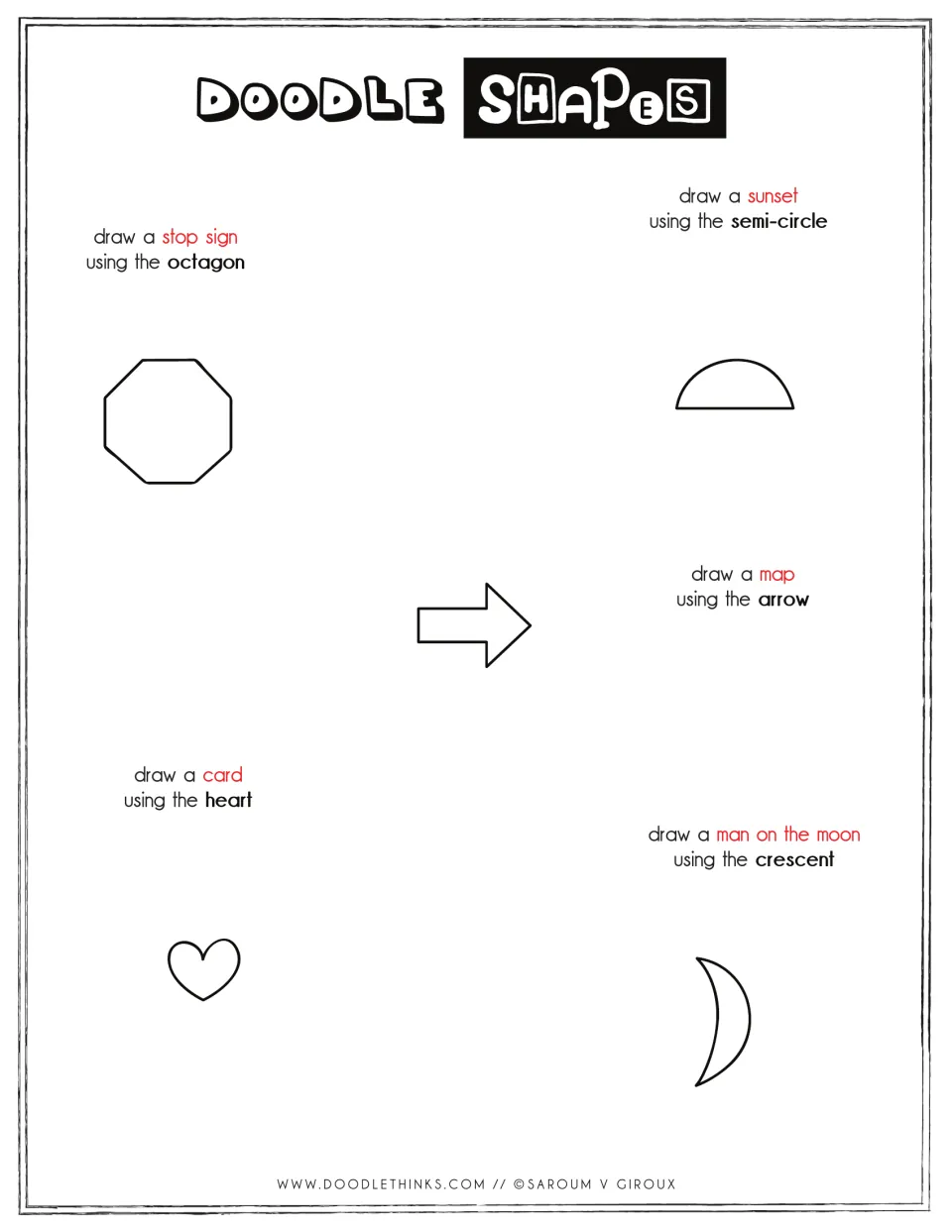 Shape drawing prompts: a stop sign from an octagon, sunset from a semi-circle, map from an arrow, card from a heart and moon