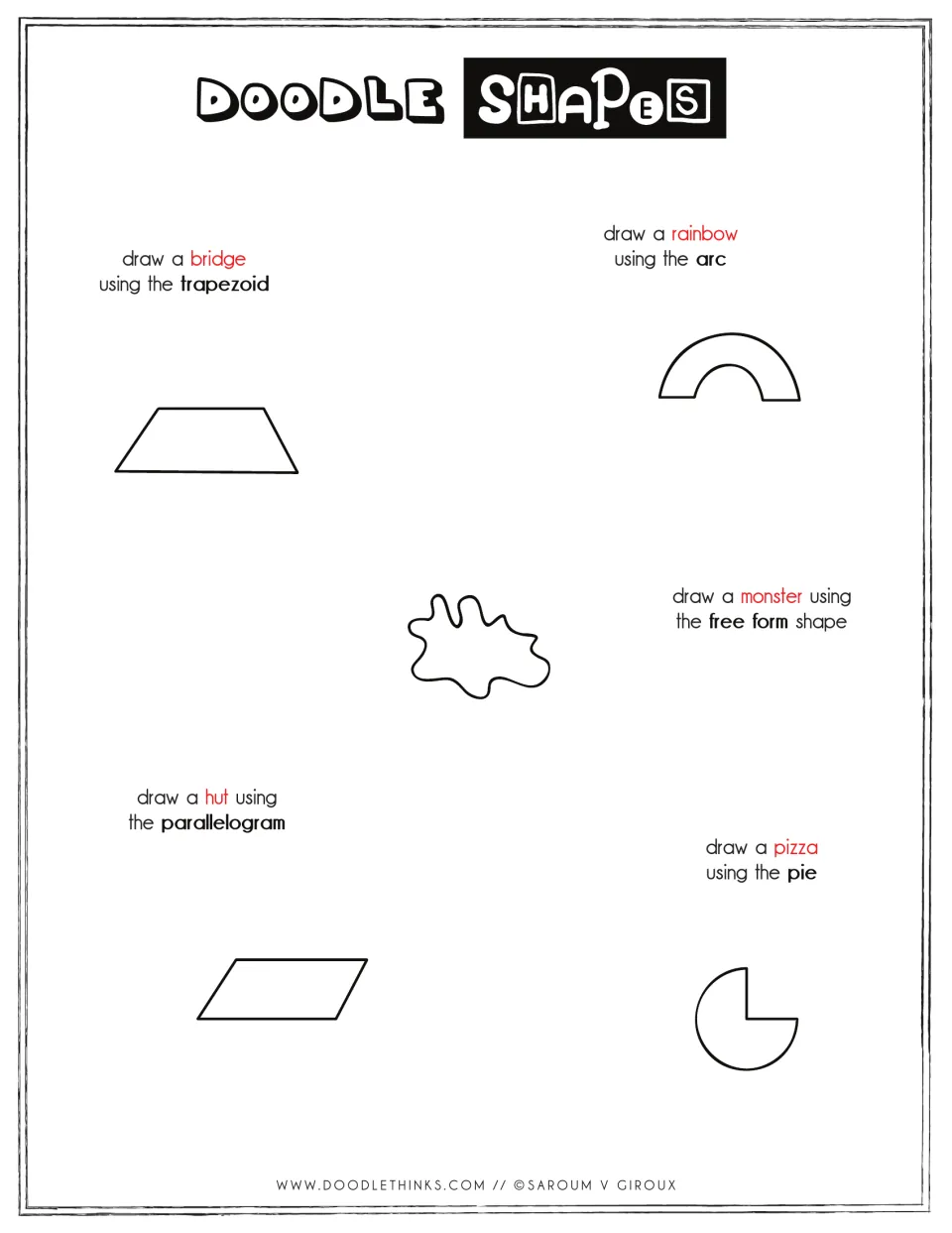 Shape doodles: students draw a bridge from a trapezoid, rainbow from an arc, monster from a free form, a hut and a pizza