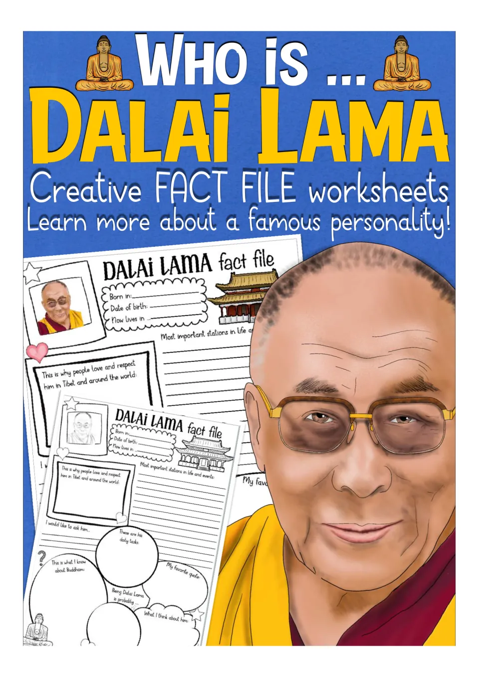 Who is Dalai Lama cover: Creative Fact File worksheets shown in color and black-and-white beside his illustrated portrait