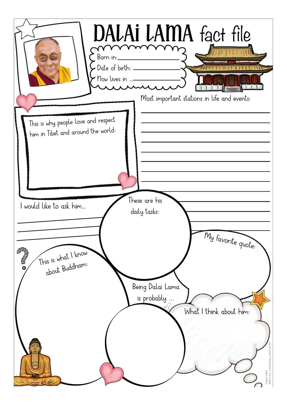 Dalai Lama fact file in color: students record birthplace, key events, daily tasks, Buddhism facts and a favorite quote