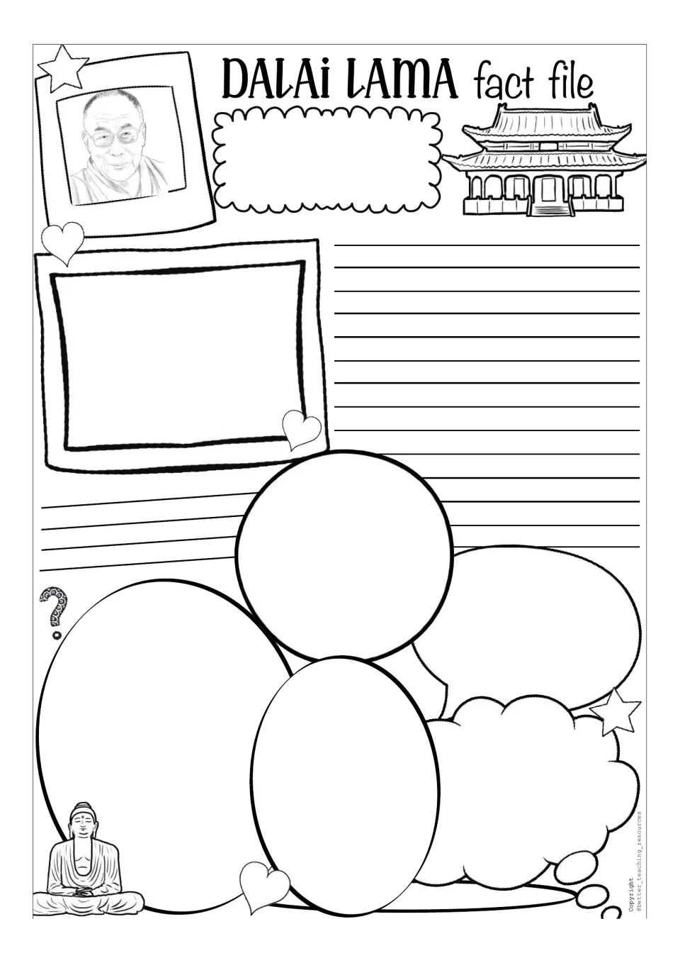 Black-and-white blank Dalai Lama fact file with no prompts, leaving students to decide what facts and headings to include