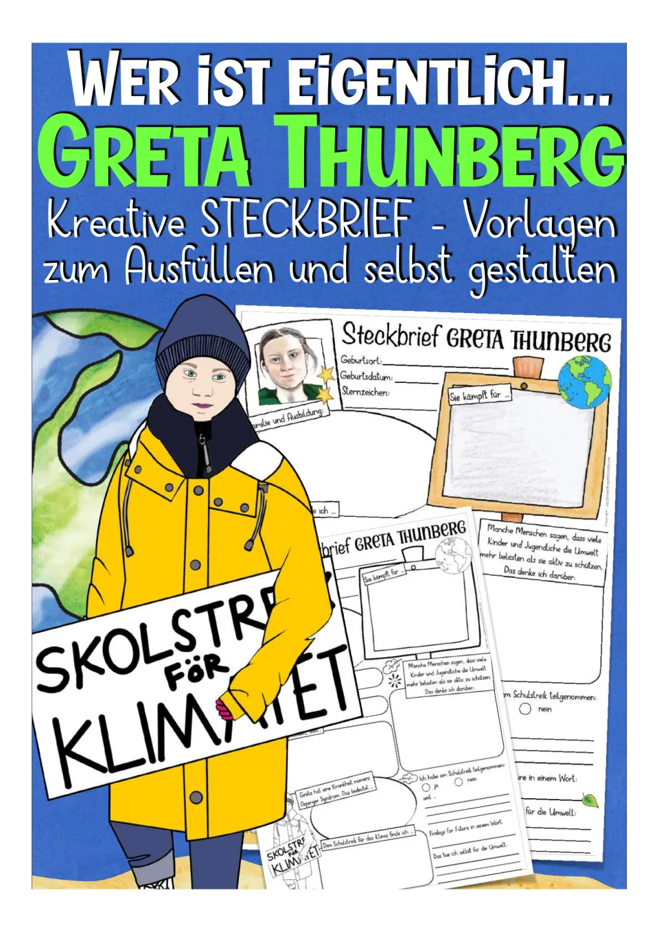 Cover of the German Greta Thunberg fact file resource, showing sample templates and her school strike sign