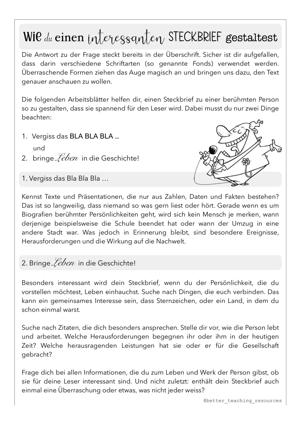 German fact file guidance: use varied fonts, highlight memorable events, and connect with the person's story