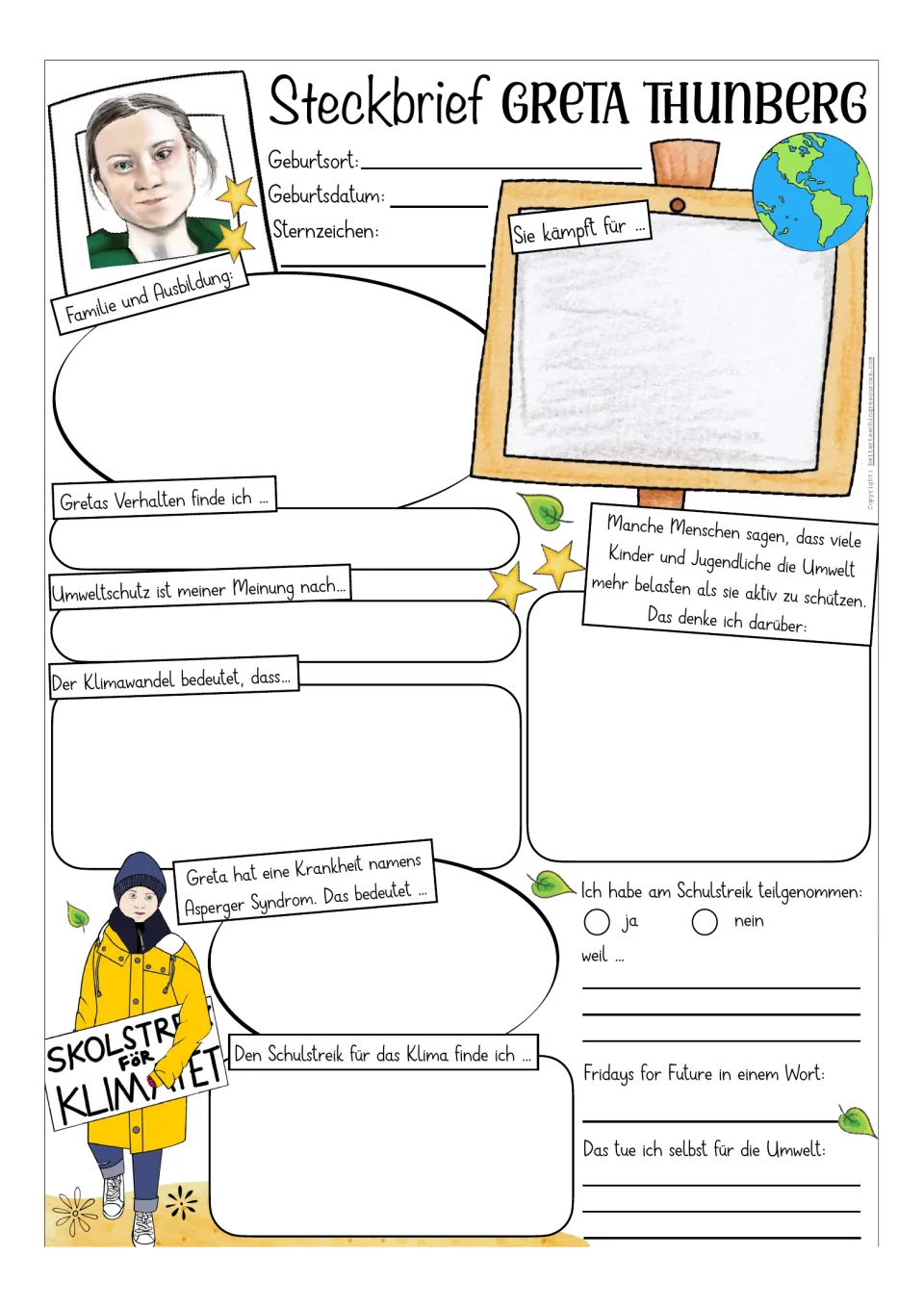 Color German Greta Thunberg template asking for birth facts, family, climate activism, and personal opinions