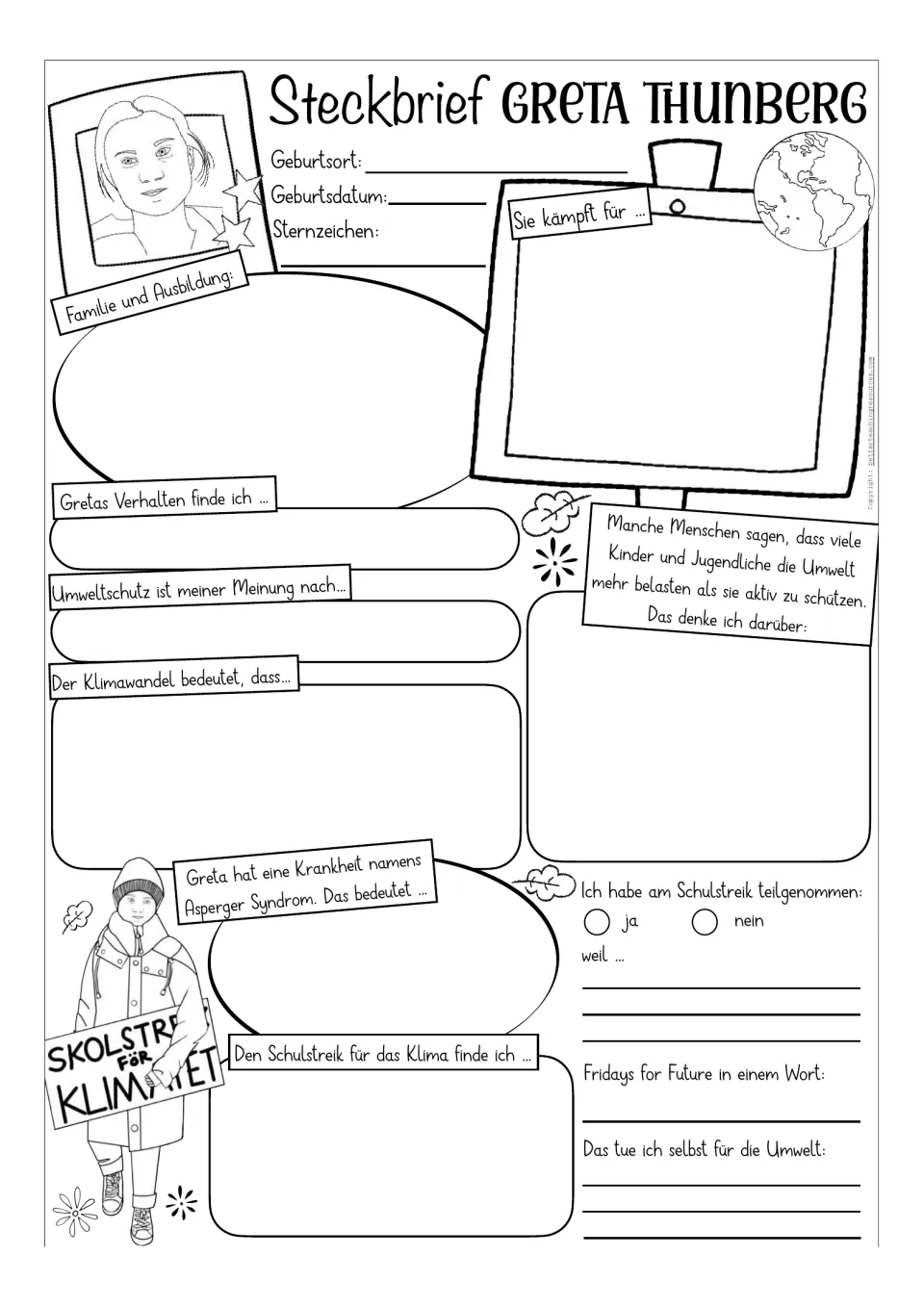 Black-and-white German Greta Thunberg template asking about her life, climate change, and school strikes