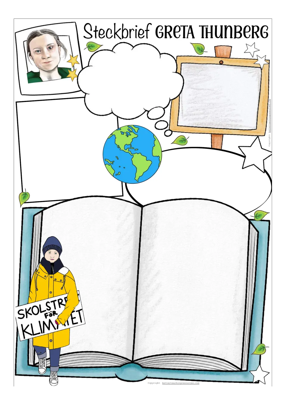 Open-ended color Greta Thunberg fact file template with her portrait and school strike illustration