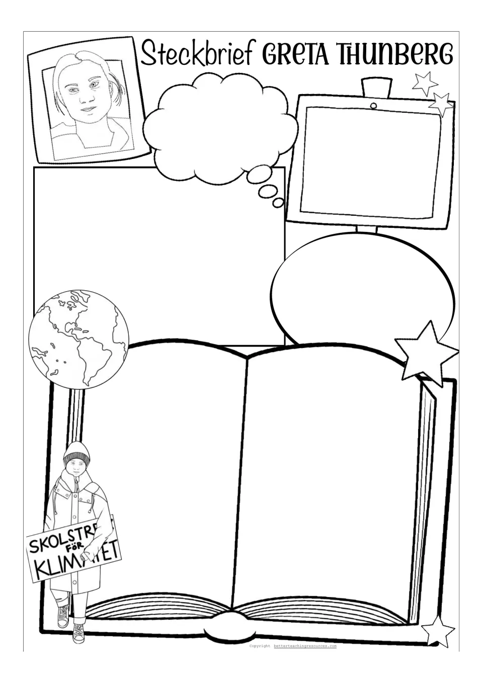 Open-ended black-and-white Greta Thunberg fact file template with her portrait and school strike illustration