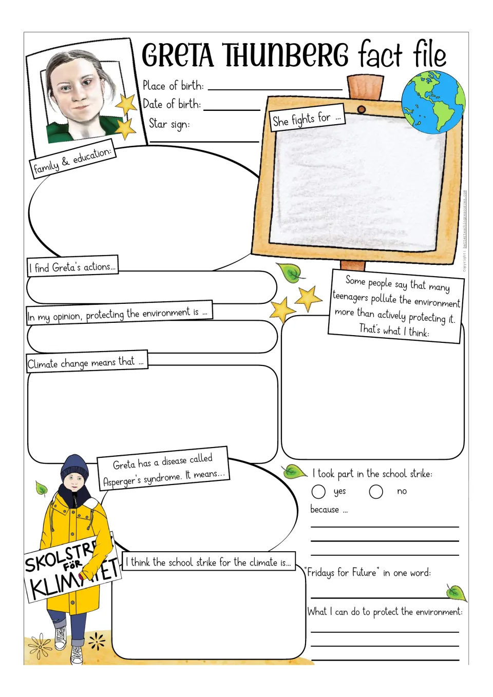 Color Greta Thunberg fact file: students note birth facts, what she fights for, and opinions on climate and school strike