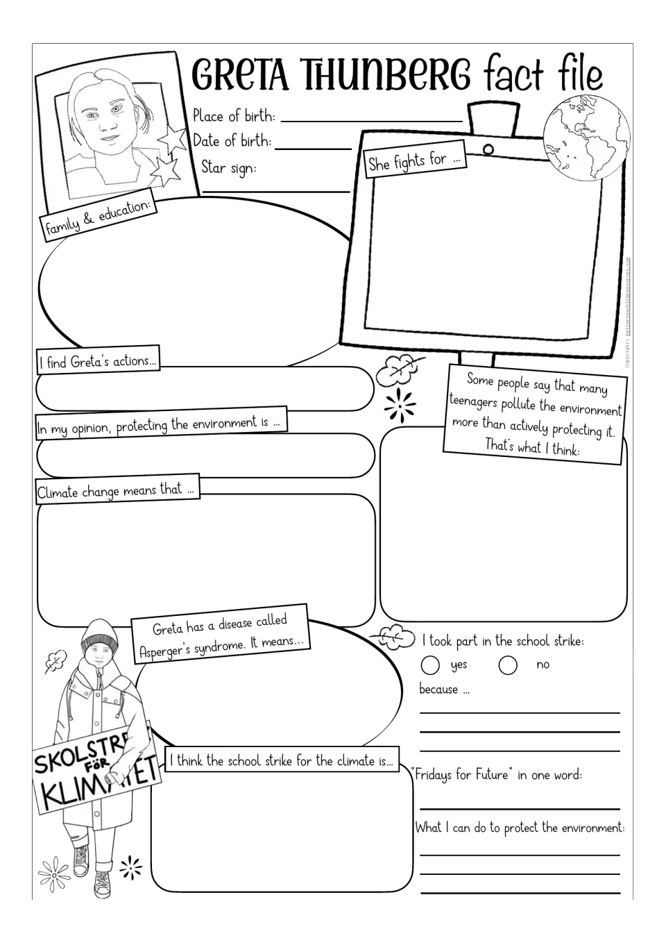 Black-and-white Greta fact file with prompts: birthplace, Asperger's, Fridays for Future and ways to protect the planet