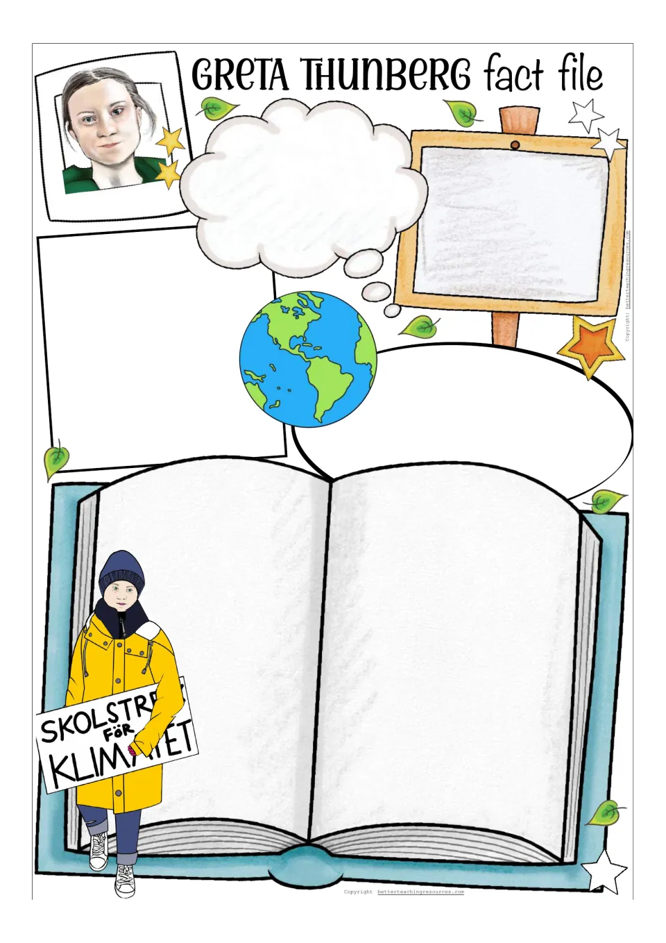 Open-ended color Greta fact file: students fill a thought bubble, sign, speech bubble and open book with own research