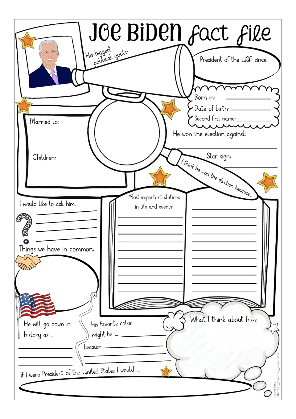 Biden fact file in color: students record birth date, spouse, children, election rival, key life events and their views