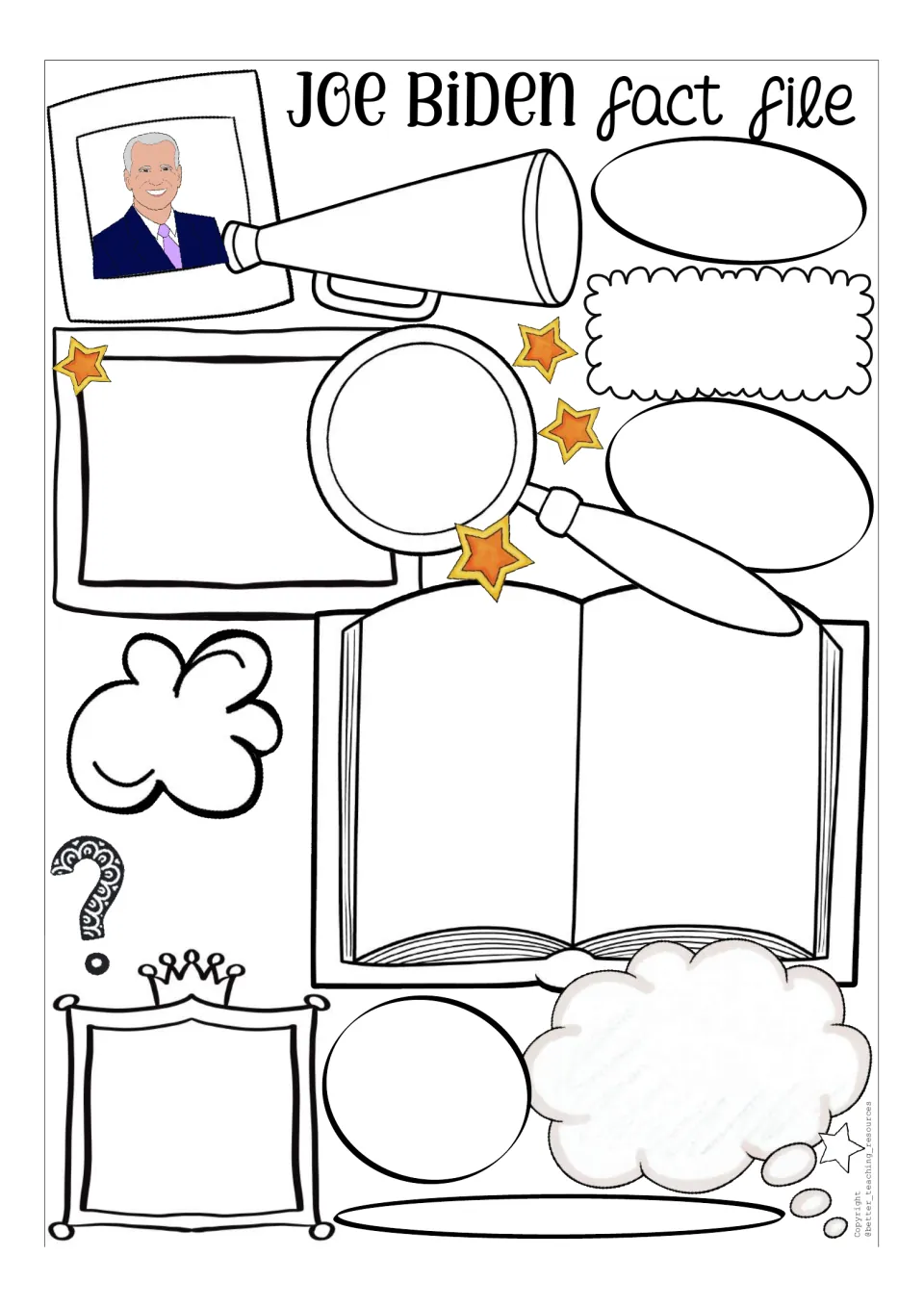 Blank Biden fact file in color: portrait and unlabeled megaphone, magnifier, book and clouds for students' own facts