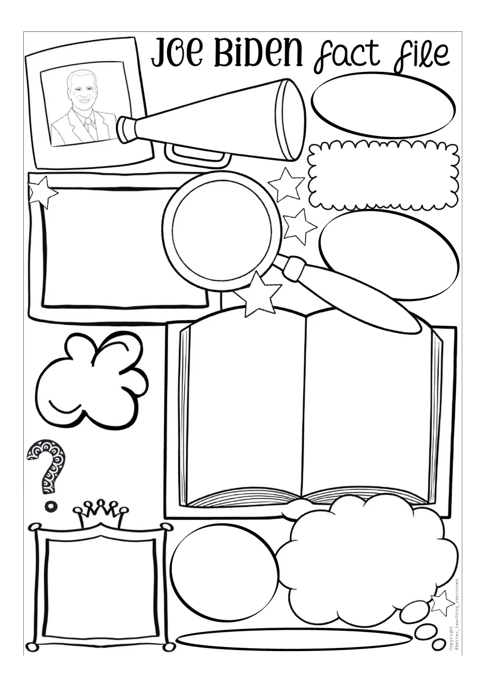 Black-and-white blank Biden fact file: line-art portrait with open spaces students fill with facts they research
