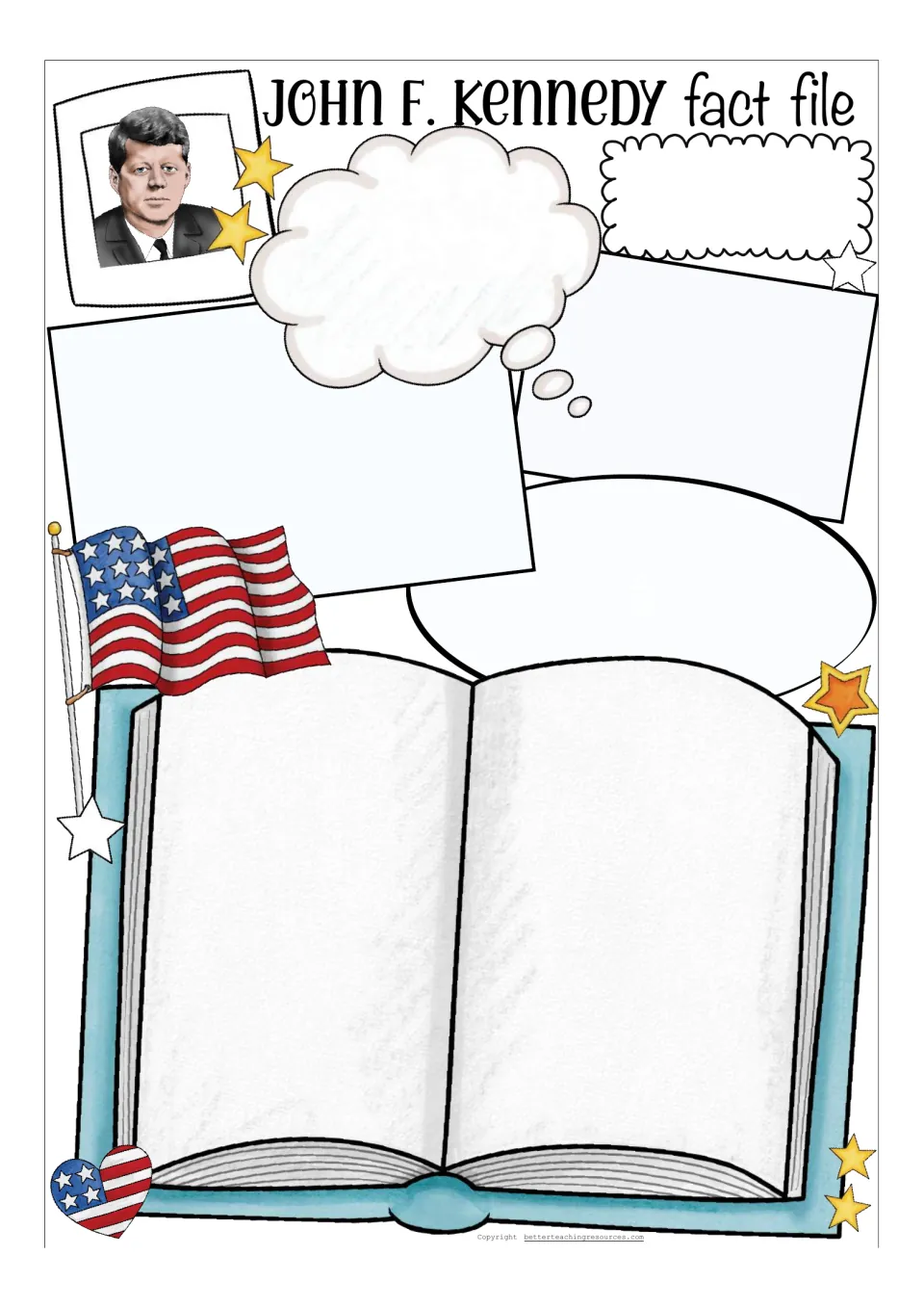 Open-ended JFK fact file in color: a portrait, thought bubble, blank panels and an open book for students' own facts