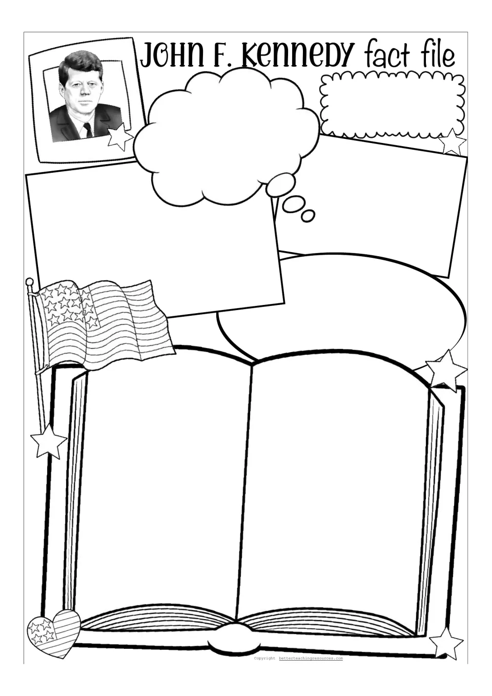 Black-and-white open-ended Kennedy profile: unlabeled thought bubble, panels and a book for writing a self-chosen biography
