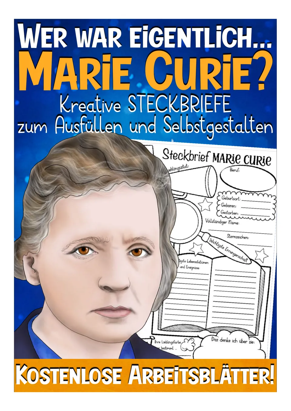 Cover of the German Marie Curie fact file resource, introducing creative profiles to fill in and design