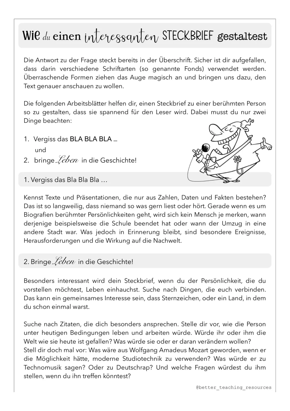 German profile writing guide: use varied fonts, highlight meaningful events, and make personal connections