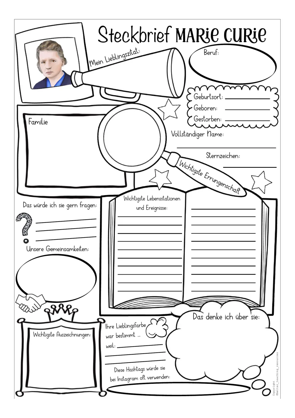 Labeled Marie Curie profile template with a color portrait and prompts for family, achievements, and opinions