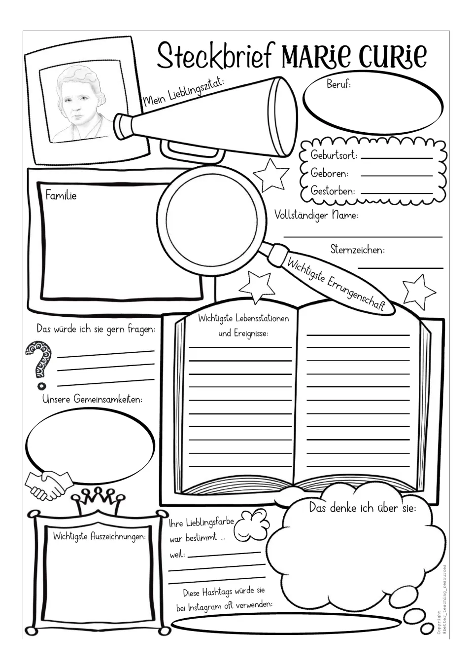 Labeled Marie Curie profile template with a grayscale portrait and prompts for quotes, life events, and awards